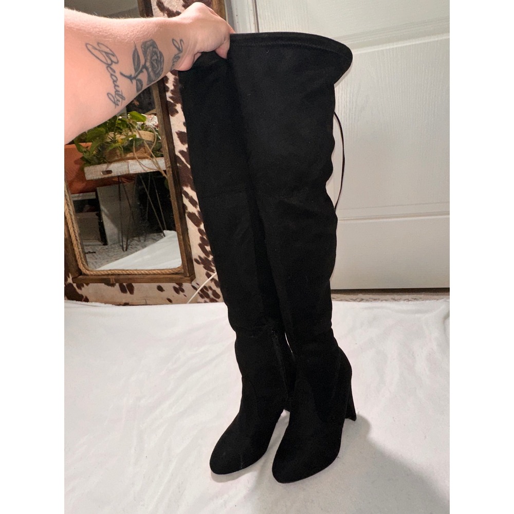 Womens Black Faux Suede Over The Knee Thigh High Block Heel Boots Size 8.5